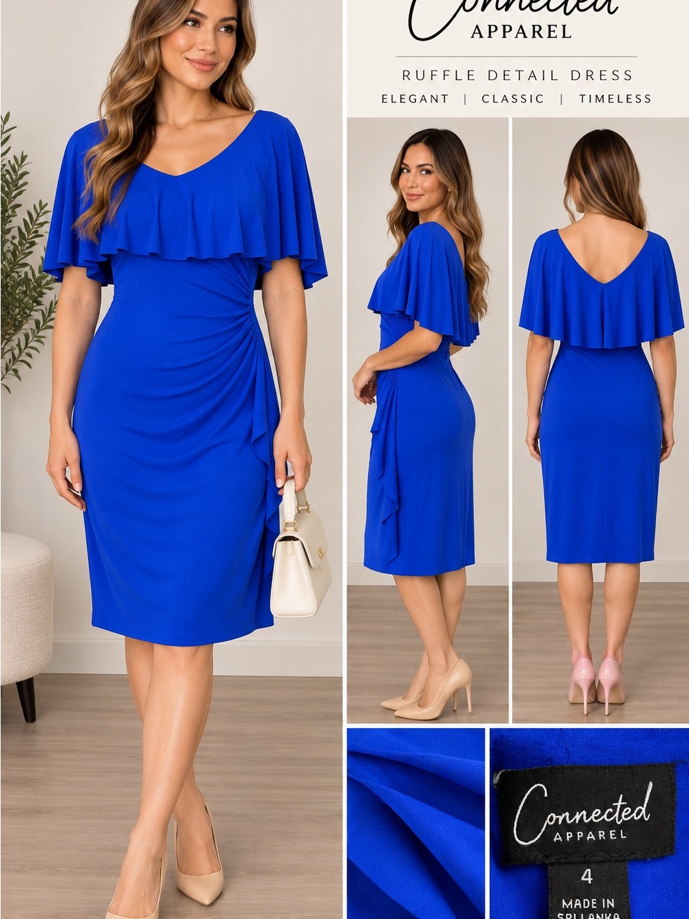 Connected Apparel Women’s Royal Blue Ruffle Detail Midi Dress Size 4 Small